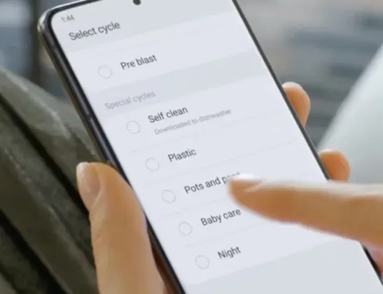 Samsung Smart Dishwasher app shows personalized cycles like Self Clean, maximizing convenience and performance.